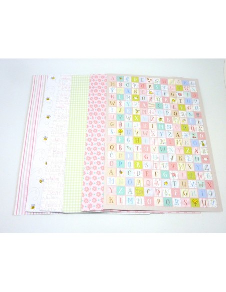 12 feuilles papiers fantaisies 160g/cm2 format A4 21cm x 29,7cm, alphabet, abeille, vichy, fleur, rayure