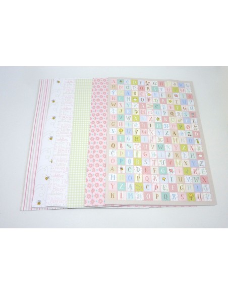 12 feuilles papiers fantaisies 160g/cm2 format A4 21cm x 29,7cm, alphabet, abeille, vichy, fleur, rayure