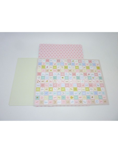 12 feuilles papiers fantaisies 160g/cm2 format A4 21cm x 29,7cm, alphabet, abeille, vichy, fleur, rayure