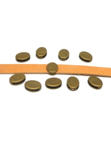 5 perles passant pastille ovale pour lanière de 10mm en métal de couleur bronze lisse