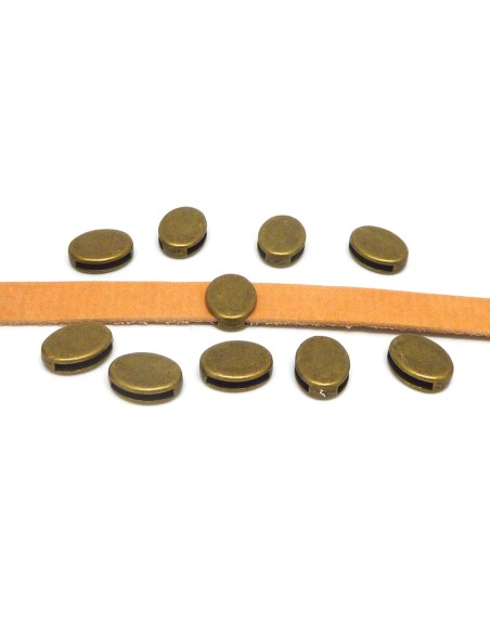 5 perles passant pastille ovale pour lanière de 10mm en métal de couleur bronze lisse