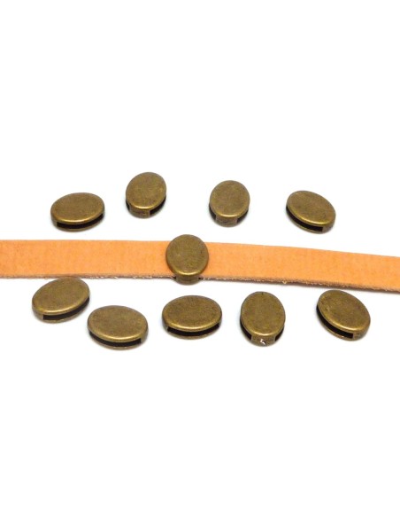 5 perles passant pastille ovale pour lanière de 10mm en métal de couleur bronze lisse