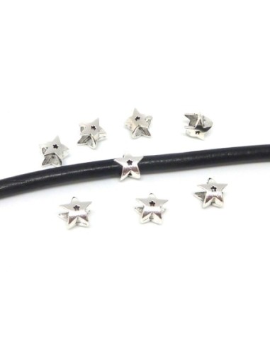 R-20 Perles étoile en métal argenté, à gros trou 5mm x 6,8mm , perles passant