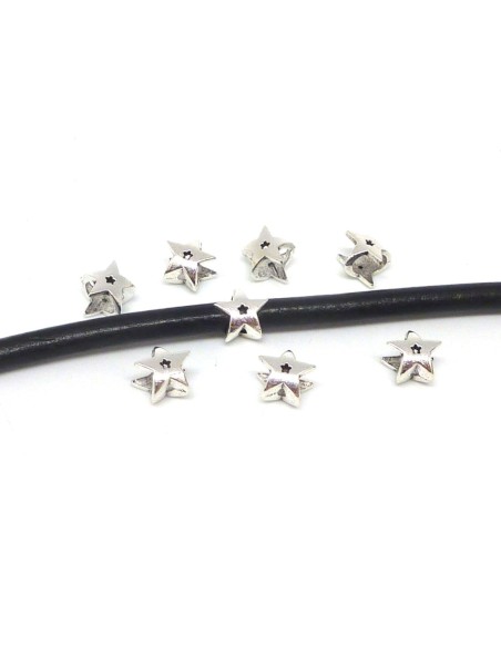 R-20 Perles étoile en métal argenté, à gros trou 5mm x 6,8mm , perles passant