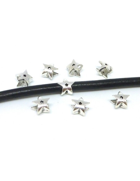 R-20 Perles étoile en métal argenté, à gros trou 5mm x 6,8mm , perles passant