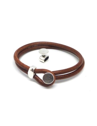 Fermoirs bouton pastille pour cordon cuir ou bracelet multi rangs en métal argenté lisse - 2 cordons de 4mm