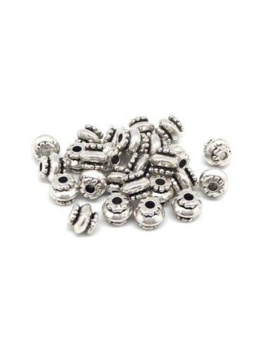 20 Perles tube arrondi, tonneau, toupie en métal argenté travaillé 7,3mm