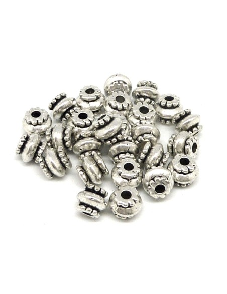 20 Perles tube arrondi, tonneau, toupie en métal argenté travaillé 7,3mm