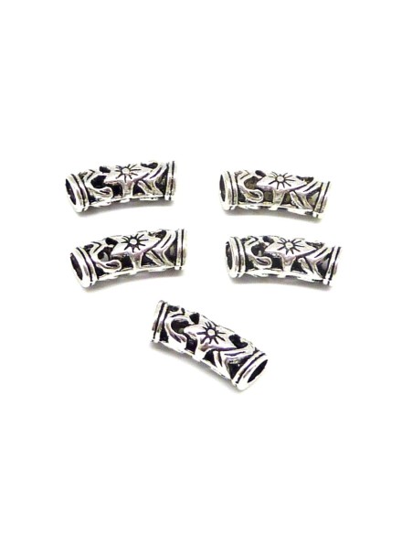perle passant tube ajouré en métal argenté motif fleur