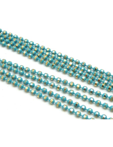 1m de chaînette bille, boule facetté 1,5mm en métal doré et bleu cyan martelé