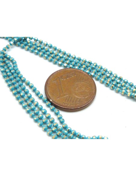 1m de chaînette bille, boule facetté 1,5mm en métal doré et bleu cyan martelé