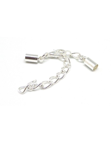 R-2 Fermoirs mousqueton embout rond pour fil de 3,5mm en métal argenté brillant blanc avec chaine de rallonge