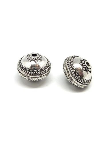 R-2 Perles ronde aplatie toupie texturés en métal argenté 16,6mm style ethnique