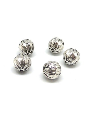 R-5 Perles ronde travaillées striées en métal argenté 9,4mm
