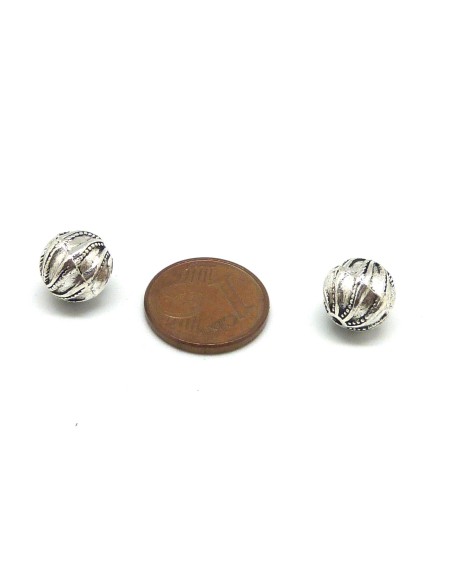 R-5 Perles ronde travaillées striées en métal argenté 9,4mm
