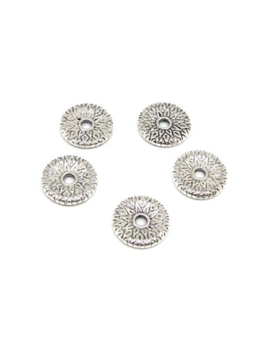 10 Perles Connecteurs anneau rond travaillé 12,3mm en métal argenté - style ethnique - idéal bracelet pendentif