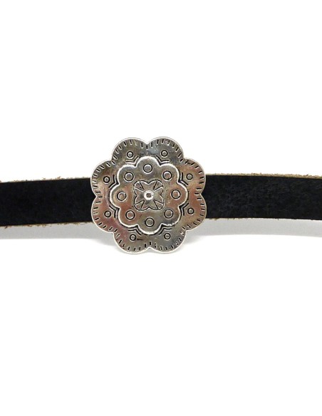 Perle poussoir argenté fleur pour lanière cuir de 12mm