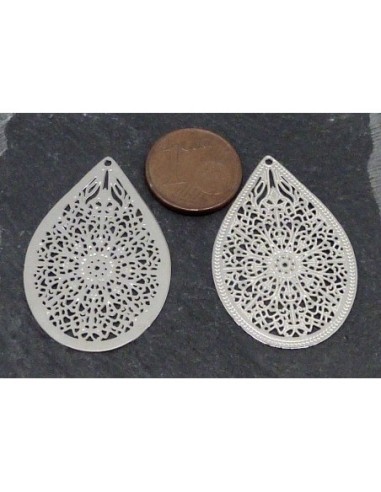2 Estampes pendentifs larme goutte en filigrane très fine, légère et stylisé 35,1mm en métal argenté