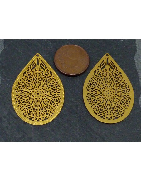 R-2 Estampes pendentifs larme goutte en filigrane très fine, légère et stylisé 35,1mm en métal doré