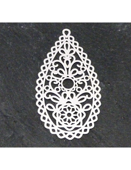 2 Estampes pendentifs larme goutte en filigrane très fine, légère et très stylisé 50mm en métal argenté brillant blanc