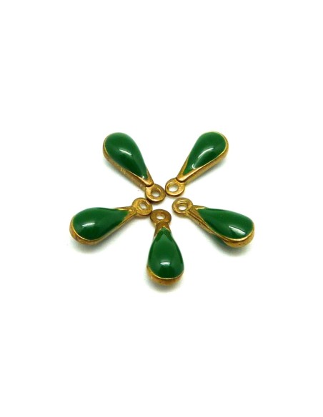 R-5 petites breloques gouttes émaillés recto/verso 10,7mm de couleur vert impérial sur base laiton