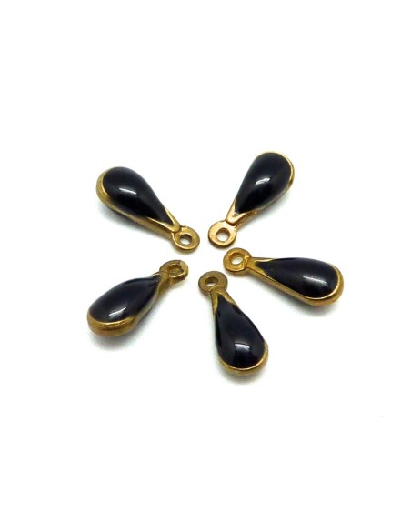 5 petites breloques gouttes émaillés recto/verso 10,7mm de couleur noir sur base laiton