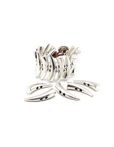 5 Perles 2 trous en forme de défense d'éléphant, pointe en métal argenté idéal pour bracelet manchette par exemple