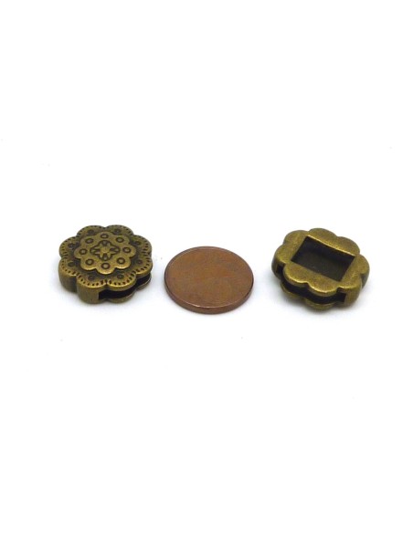 4 Perles passant fleur 17mm slide en métal de couleur bronze pour lanière de 13mm
