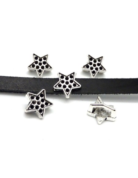 10 Perles passant étoile travaillée pour lanière de 6mm en métal argenté