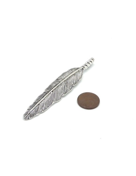 Grand pendentif plume argenté en métal pour création DIY