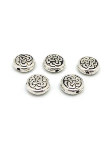 R-10 Perles plates, disque en métal argenté motif celtique 9,8mm