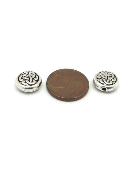 R-10 Perles plates, disque en métal argenté motif celtique 9,8mm