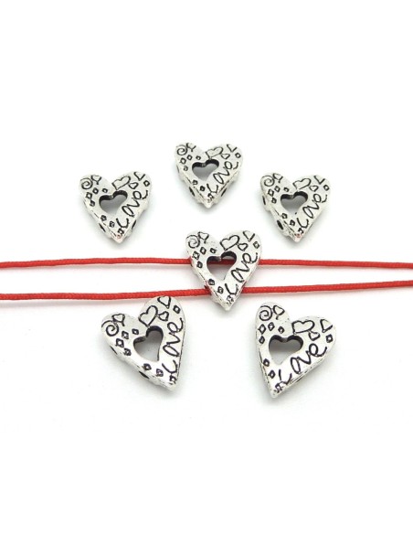10 Perles coeur stylisé en métal argenté 2 trous 12mm