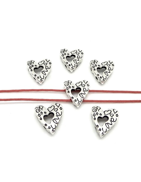 10 Perles coeur stylisé en métal argenté 2 trous 12mm