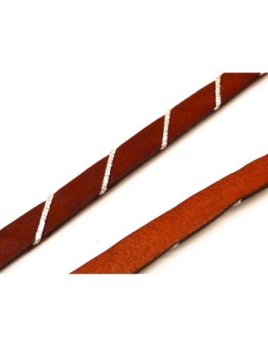 R-20cm Cuir plat largeur 10mm de couleur marron caramel brillant orné d'un cordon argenté - CUIR VERITABLE