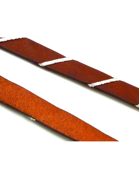 R-20cm Cuir plat largeur 10mm de couleur marron caramel brillant orné d'un cordon argenté - CUIR VERITABLE