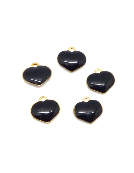 5 petites breloques coeurs émaillés recto/verso 6,9mm de couleur noir sur base laiton