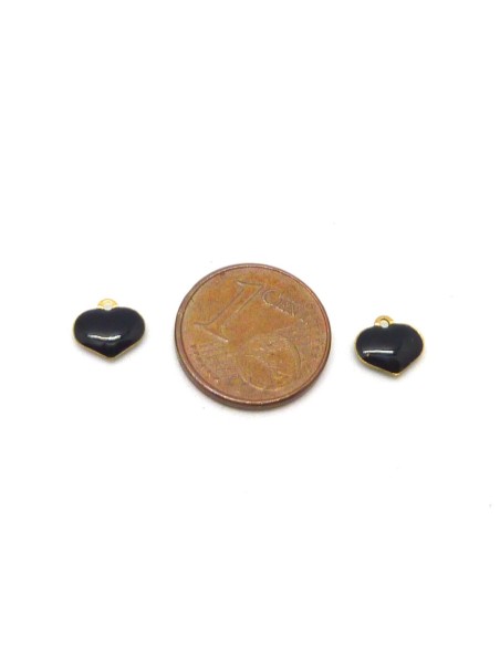 5 petites breloques coeurs émaillés recto/verso 6,9mm de couleur noir sur base laiton