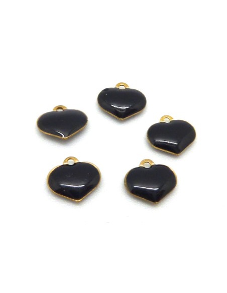 5 petites breloques coeurs émaillés recto/verso 6,9mm de couleur noir sur base laiton