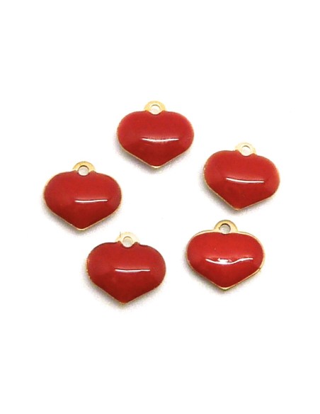 R-5 petites breloques coeurs émaillés recto/verso 6,9mm de couleur rouge sur base laiton
