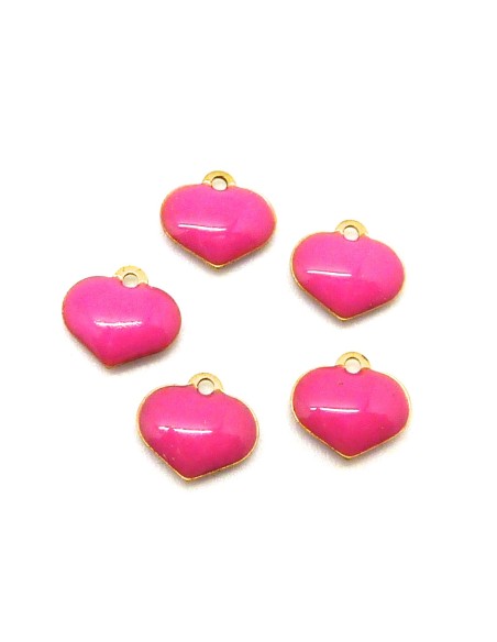 5 petites breloques coeurs émaillés recto/verso 6,9mm de couleur rose sur base laiton