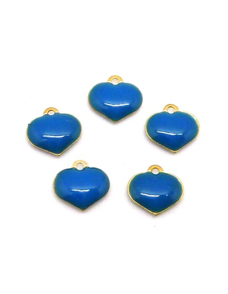 R-5 petites breloques coeurs émaillés recto/verso 6,9mm de couleur bleu sur base laiton
