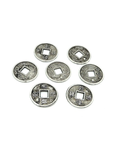 20 Perles intercalaires sequins pièces chinoises 13,9mm en métal argenté