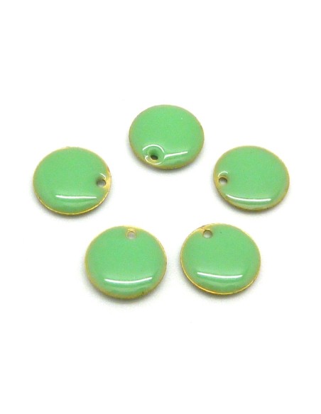 5 petits sequins émaillés recto/verso 10,5mm de couleur vert d'eau sur base laiton