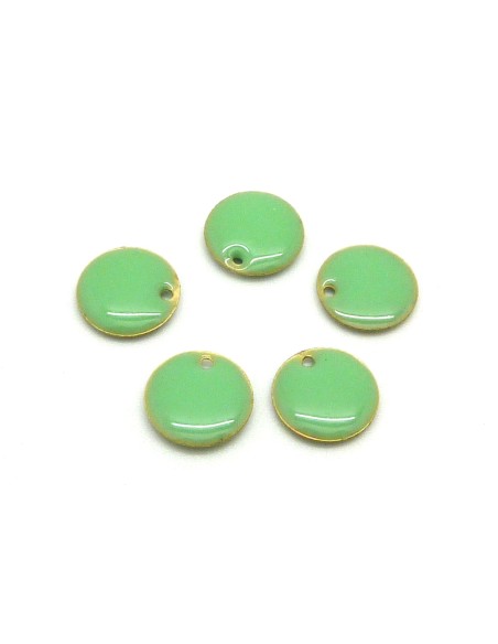 5 petits sequins émaillés recto/verso 10,5mm de couleur vert d'eau sur base laiton