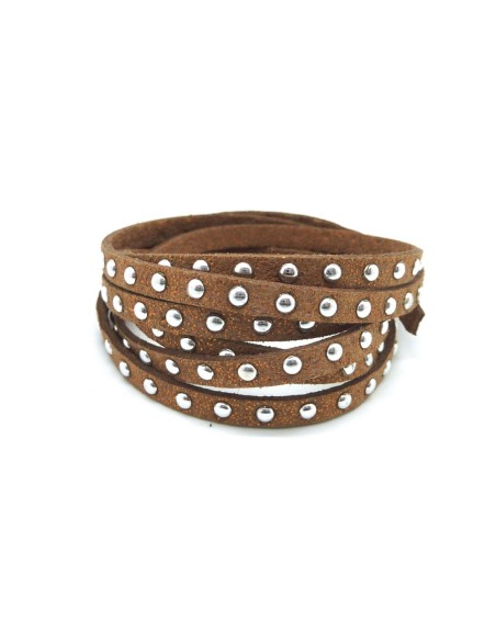 1m cordon de suédine cloutée marron pailleté cuivré et clou argent 4,5mm x 2mm - Aspetc daim