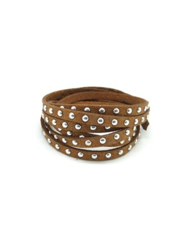 1m cordon de suédine cloutée marron pailleté cuivré et clou argent 4,5mm x 2mm - Aspetc daim