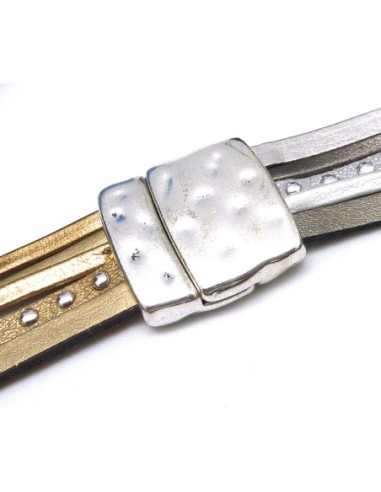 Fermoir aimanté rectangle manchette 19,5mm pour bracelet multirangs en métal argenté martelé ouverture fine