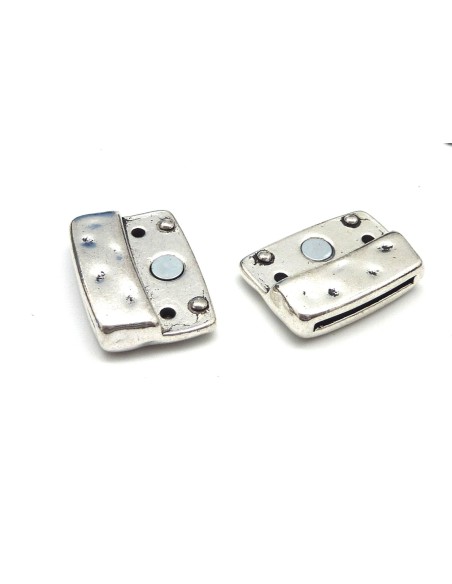 Fermoir aimanté rectangle manchette 19,5mm pour bracelet multirangs en métal argenté martelé ouverture fine