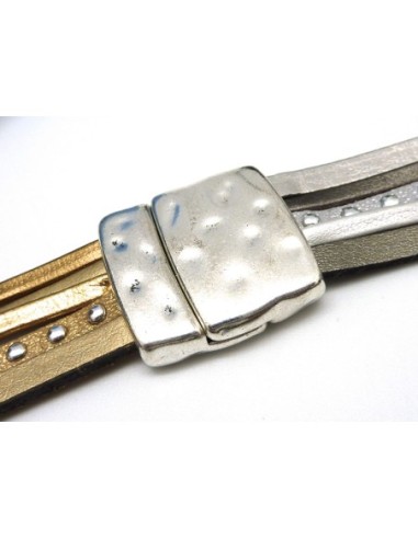 Fermoir aimanté rectangle manchette 19,5mm pour bracelet multirangs en métal argenté martelé ouverture fine